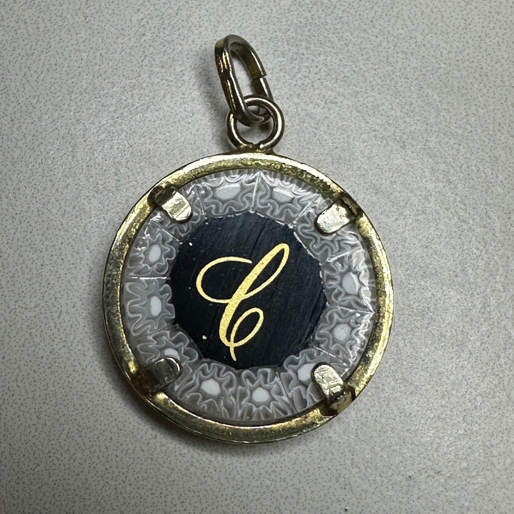 Round Charm Pendant Gold Tone Sterling silver Black Initial C‎ Millefiori Glass